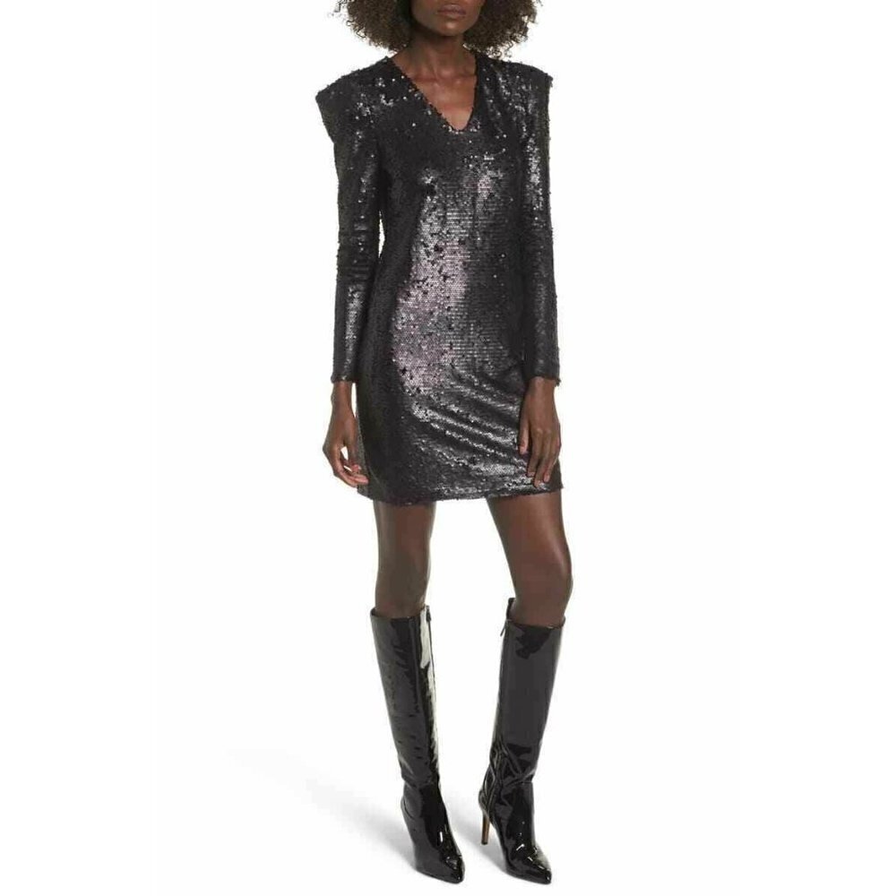 Leith Womens Black Sequin V Neck Sheath Mini Dress - Picture 2 of 6